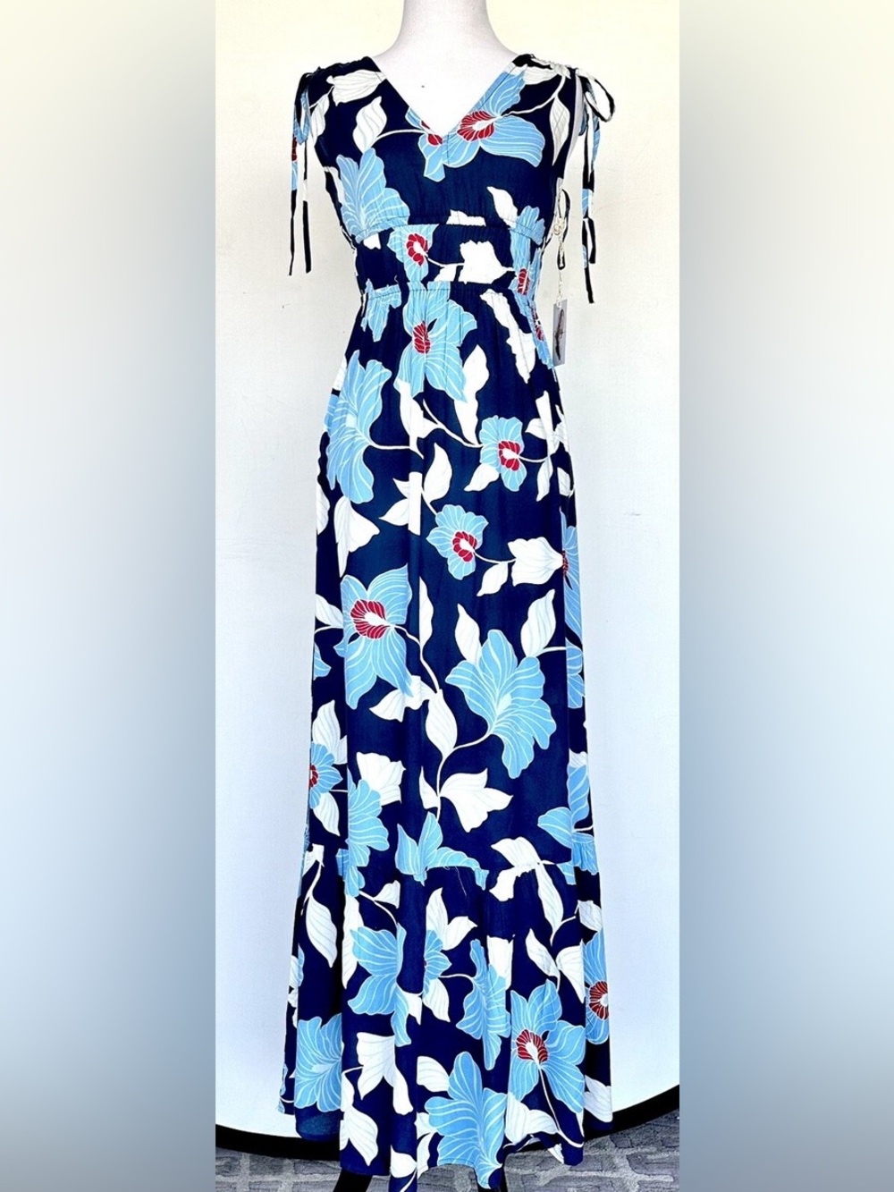 Jessica Simpson Navy Maxi Dress with Light Blue & White Floral Print
